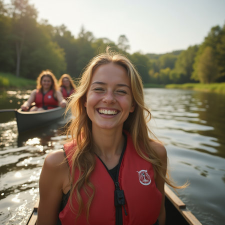 Group of friends rowing on a lake in a red life jacketの素材