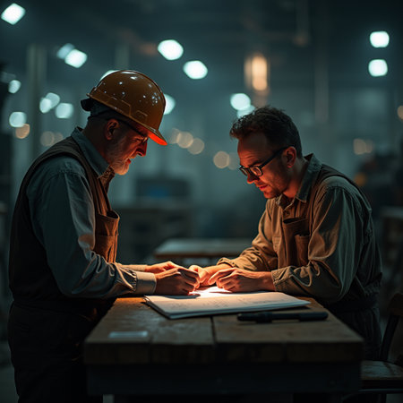Two factory workers working in a metallurgical plant. Factory workers in a metallurgical plant.の素材