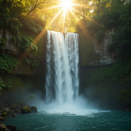 beautiful waterfall in the forest with sunbeams and lens flareの素材