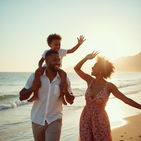 Happy african american family having fun on the beach at sunsetの素材