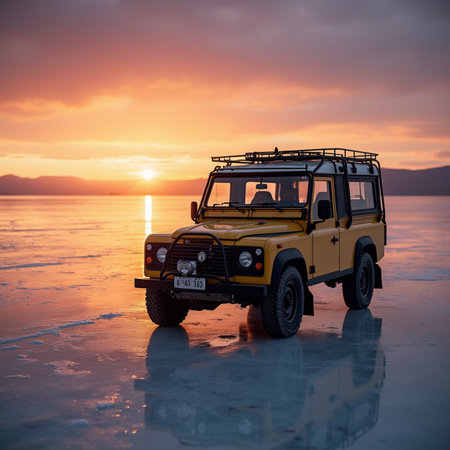 Off-road vehicle on the ice of Lake Baikal at sunsetの素材