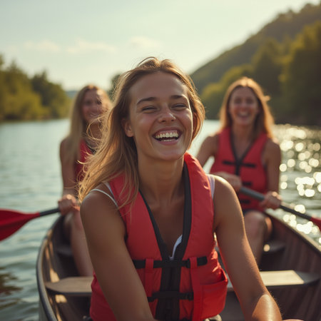 Group of happy young women rowing on a lake in a canoeの素材