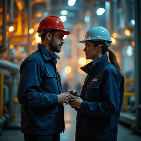 engineer and foreman discussing on the road at night in the factoryの素材