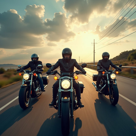 Motorcyclists riding on the road at sunset. Biker travel concept.の素材