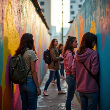 Group of young people walking on the street with graffiti painted on the wallの素材