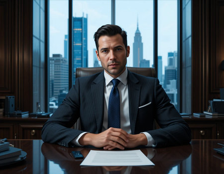 Portrait of a young businessman sitting at his desk in an officeの素材