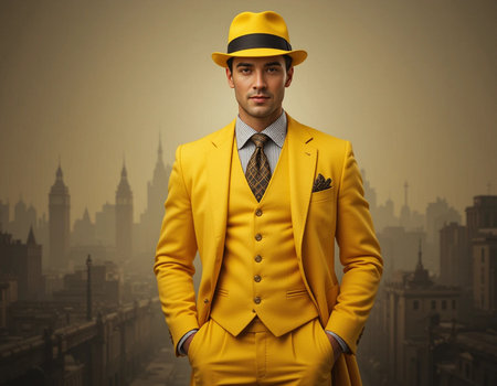Handsome man in yellow suit and hat standing on city backgroundの素材