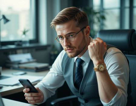 portrait of young businessman in eyeglasses using smartphone in officeの素材