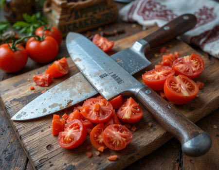 Sliced fresh tomatoes on a cutting board, knife and pepperの素材