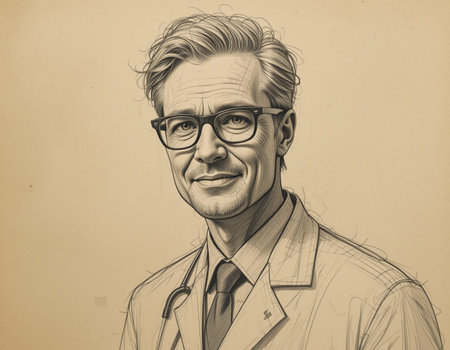 Portrait of a doctor with glasses and a stethoscope.の素材