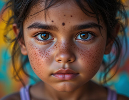 Portrait of a little girl with freckles on her faceの素材
