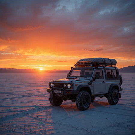 Off-road vehicle on the ice of Lake Baikal at sunsetの素材