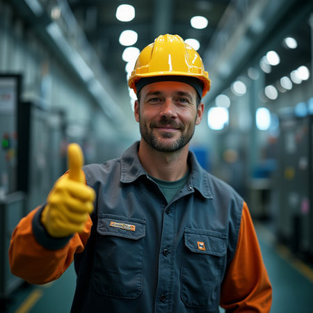 Portrait of a male worker showing thumbs up gesture in a factoryの素材