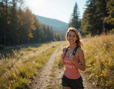 Young woman jogging in the mountains on a sunny summer day.の素材