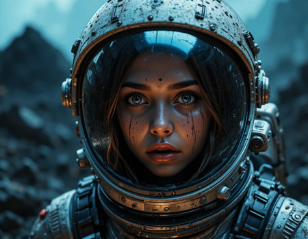 Portrait of a female astronaut in an astronaut helmet. Science fiction.の素材