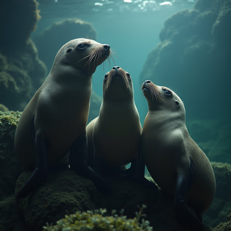 Sea lions on a rock in an aquarium. 3D render.の素材