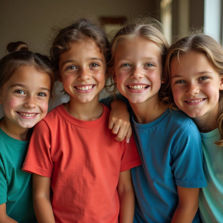 Portrait of happy children looking at camera and smiling. Group of little girls standing together at home.の素材