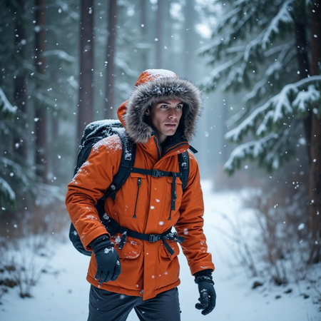 Man in orange jacket with backpack walking in winter forest. Snowfall.の素材