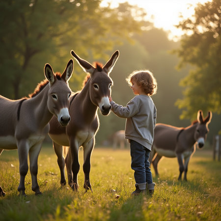 Cute little boy playing with donkeys in the meadow at sunsetの素材
