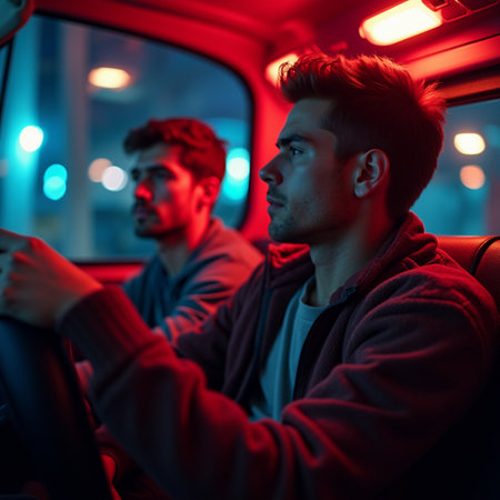 Two young men in a red hoodie driving a car at nightの素材