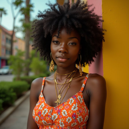 Portrait of beautiful young African American woman with afro hairstyleの素材