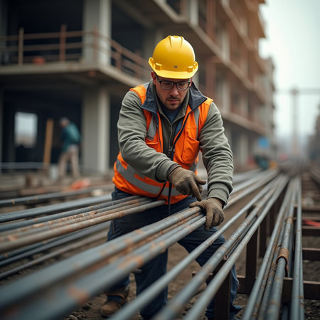 Portrait of a construction worker on the background of a building.の素材