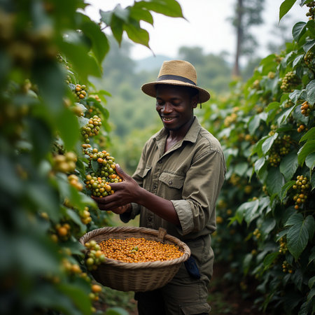 Portrait of smiling african american coffee farmer harvesting coffee beans at plantationの素材