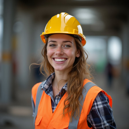 Portrait of a female worker in a hardhat smiling at the cameraの素材