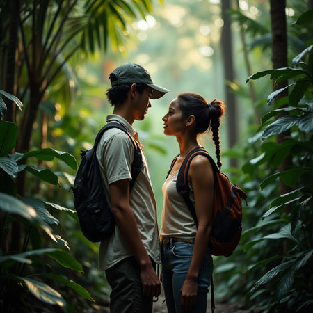 Young Asian couple hiking in tropical forest. Travelers man and woman with backpacks exploring nature.の素材