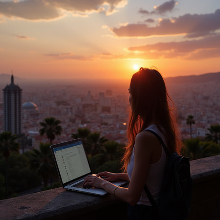 Young woman using a laptop computer at sunset in Barcelona, Spain.の素材