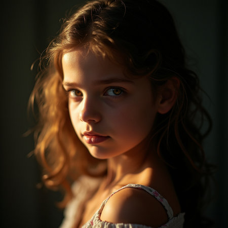 Portrait of a beautiful little girl with long curly hair. Beauty, fashion.の素材