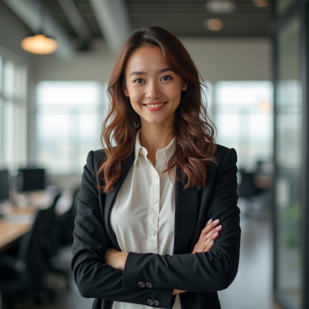 Portrait of smiling businesswoman standing with arms crossed in modern officeの素材