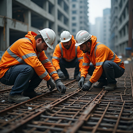 Team of engineers working on a construction site. Selective focus.の素材