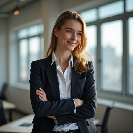 Portrait of a smiling businesswoman standing with arms crossed in officeの素材