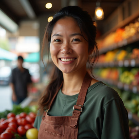 Portrait of smiling young Asian woman in apron at grocery storeの素材
