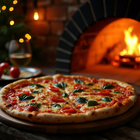 Pizza with mozzarella, tomatoes and basil on wooden table in front of fireplaceの素材