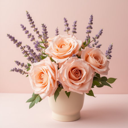 Bouquet of pink roses and lavender in a vase on a pink backgroundの素材