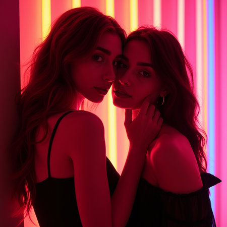 Beautiful young women in sexy lingerie posing in studio with neon lights.の素材