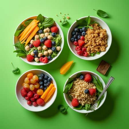 Bowls with quinoa, fruits and vegetables on green backgroundの素材