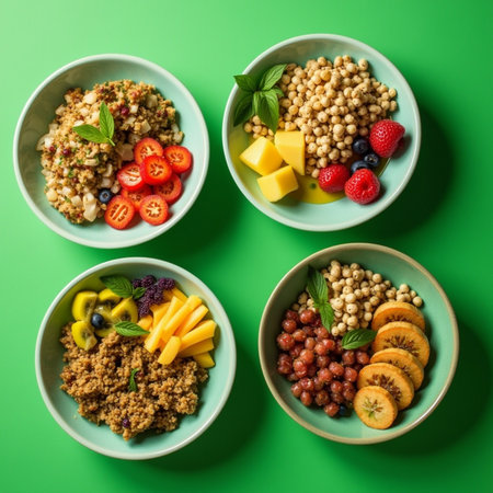 Bowls with quinoa, fruit and berries on green backgroundの素材