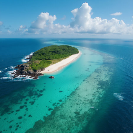 Aerial view of beautiful tropical island with white sand beach, turquoise sea and blue skyの素材