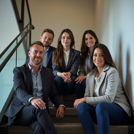 Portrait of a smiling business team sitting on stairs and looking at cameraの素材