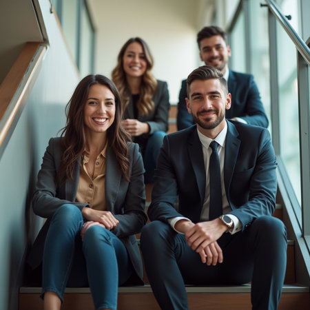 Group of business people sitting on stairs and looking at camera in officeの素材