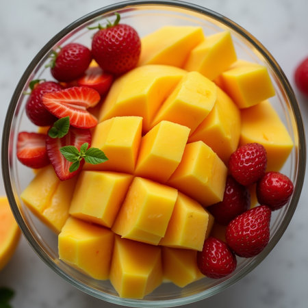 Mango fruit salad in glass bowl with strawberries, raspberries and mango slicesの素材
