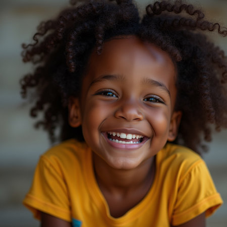 Portrait of a cute African American little girl smiling at cameraの素材