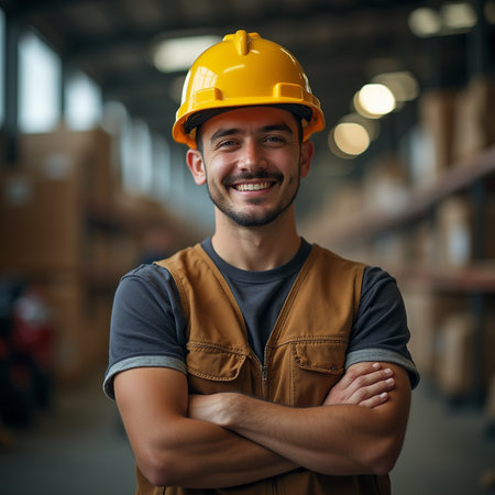 Portrait of confident male warehouse worker standing with arms crossed in warehouseの素材