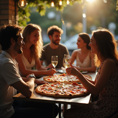 Group of friends eating pizza and drinking wine in a restaurant at sunsetの素材