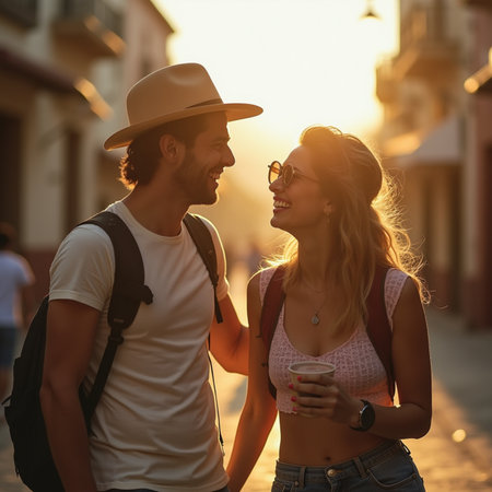 Young couple of tourists walking on the street in the city at sunsetの素材