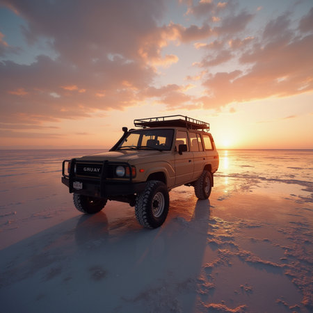 Off-road vehicle on the ice at sunset. 3d renderの素材