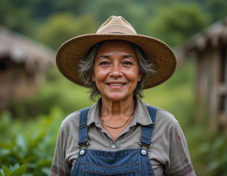 Portrait of a smiling Asian woman standing in the tea plantationの素材